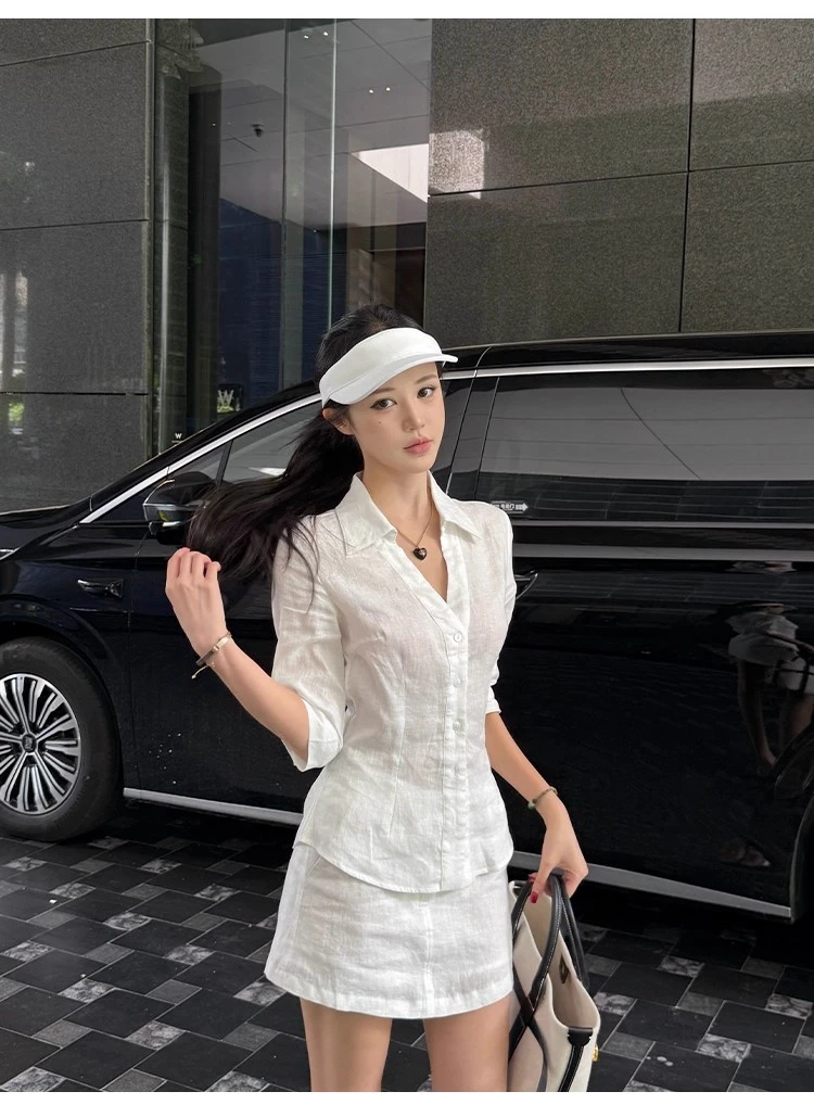 不冷BULENG 高智感geek 夏季 亚麻 衬衫掐腰设计感短裙两件套女