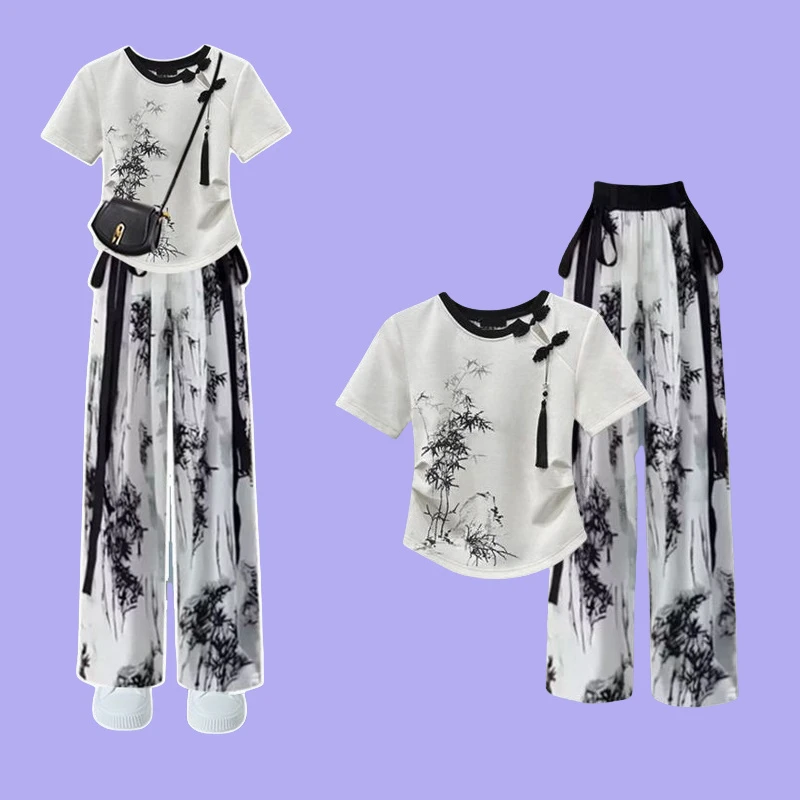 爆款女童新中式短袖阔腿裤两件套中大童夏季国风套装冰丝裤子衣服
