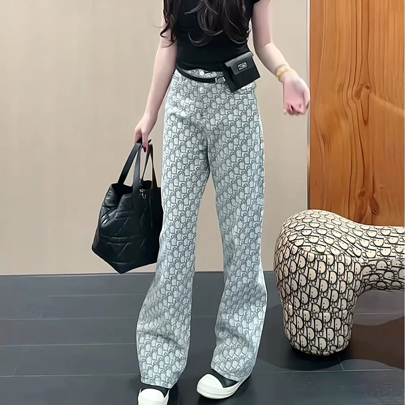 轻奢满印牛仔裤子女长裤提花设计高级感时尚气质直筒阔腿裤ck7800