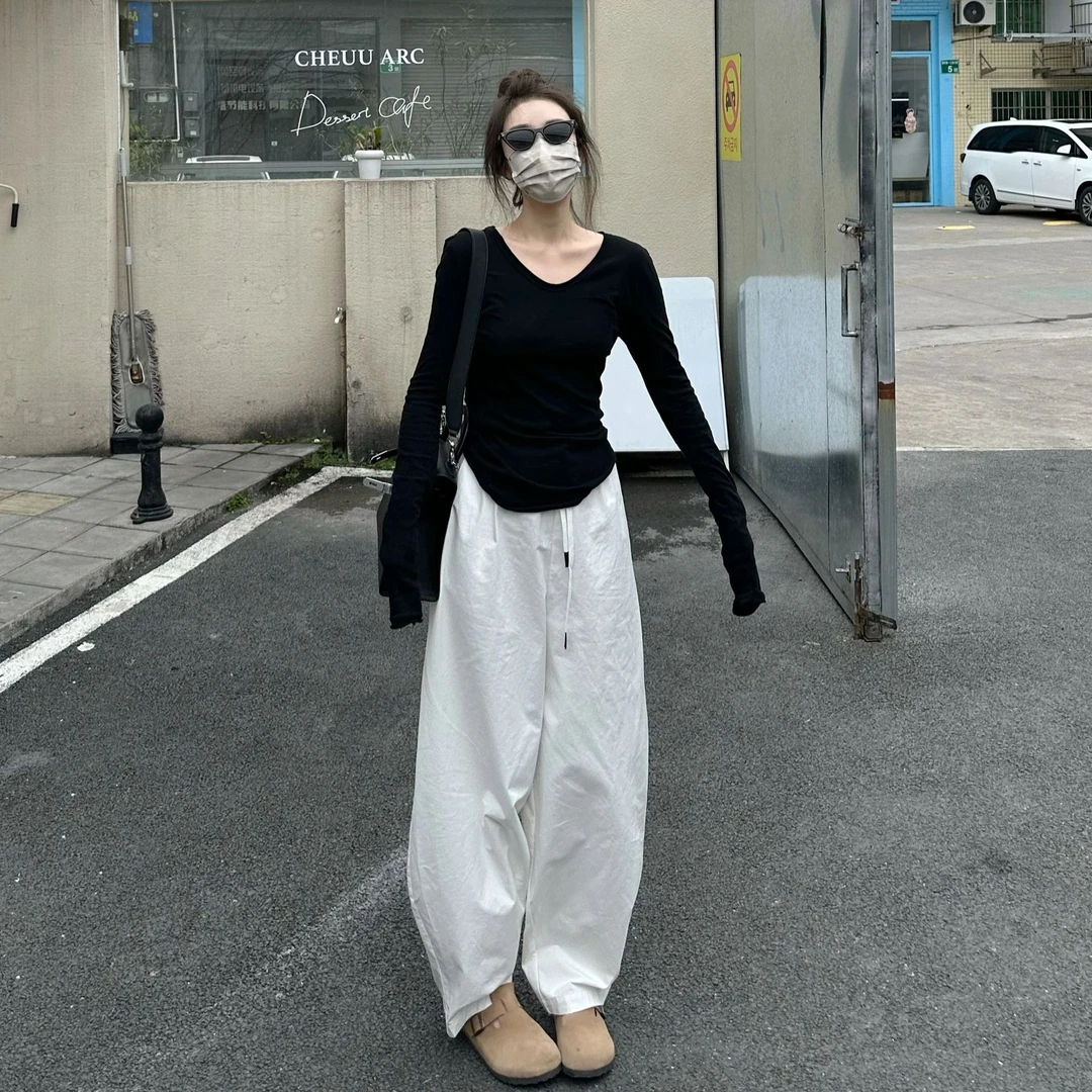 套装女2025秋季新款气质V领打底衫长袖内搭T恤高腰宽松休闲阔腿裤