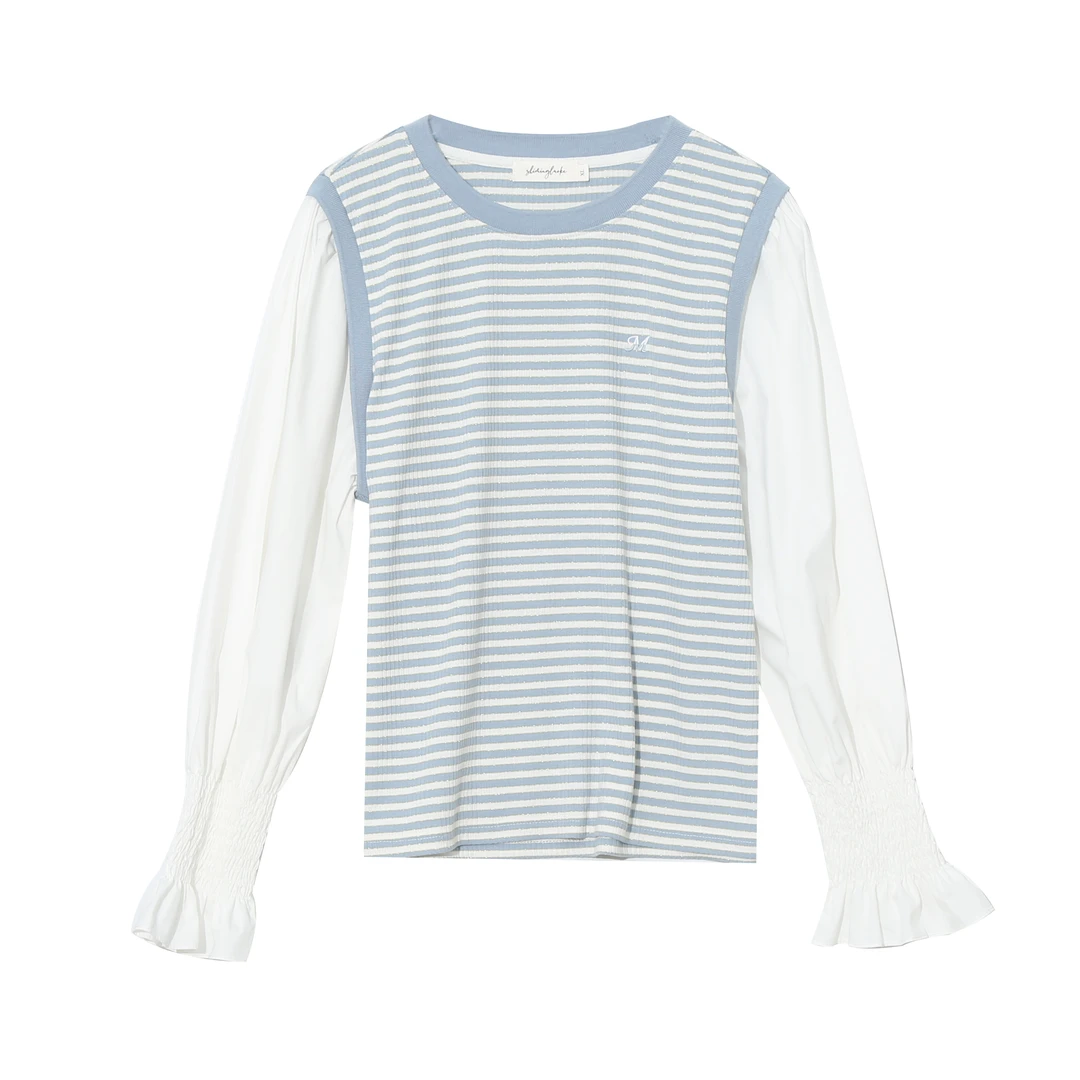 【特价FU利】韩版学院风减龄条纹长袖上衣春新款加肥遮肉小衫_w988