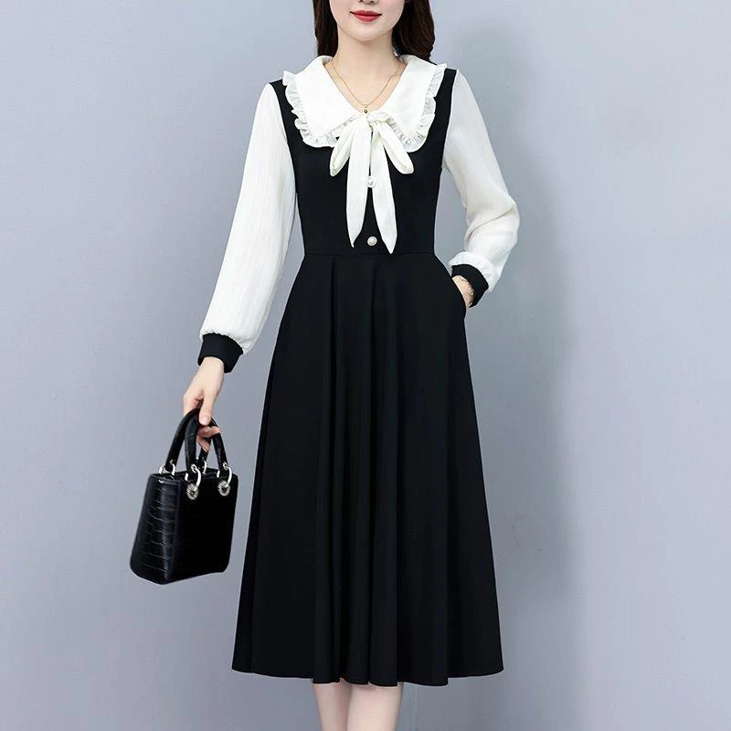 2024时尚大码女装遮肚连衣裙女春季新款长袖收腰显瘦中长款胖2025