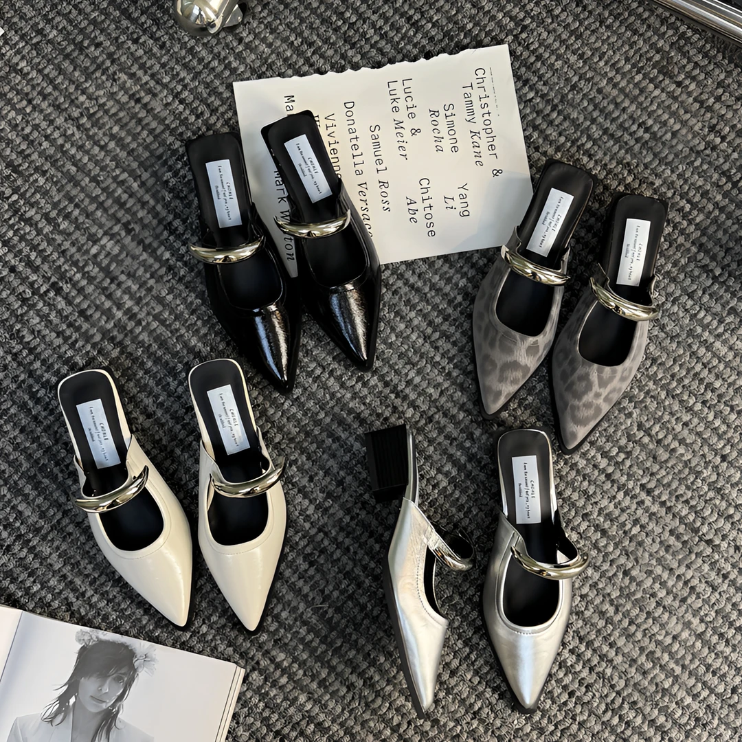 法式尖头包头半拖鞋女2025新款夏气质时尚高跟小坡跟一字带凉拖鞋