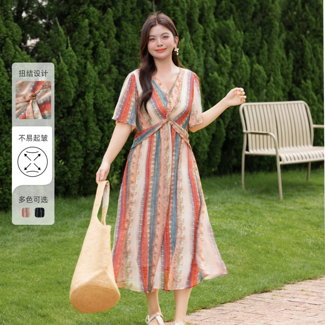 【波嬉风印花雪纺连衣裙】MsShe大码女装2025秋V领高端裙子B2506014