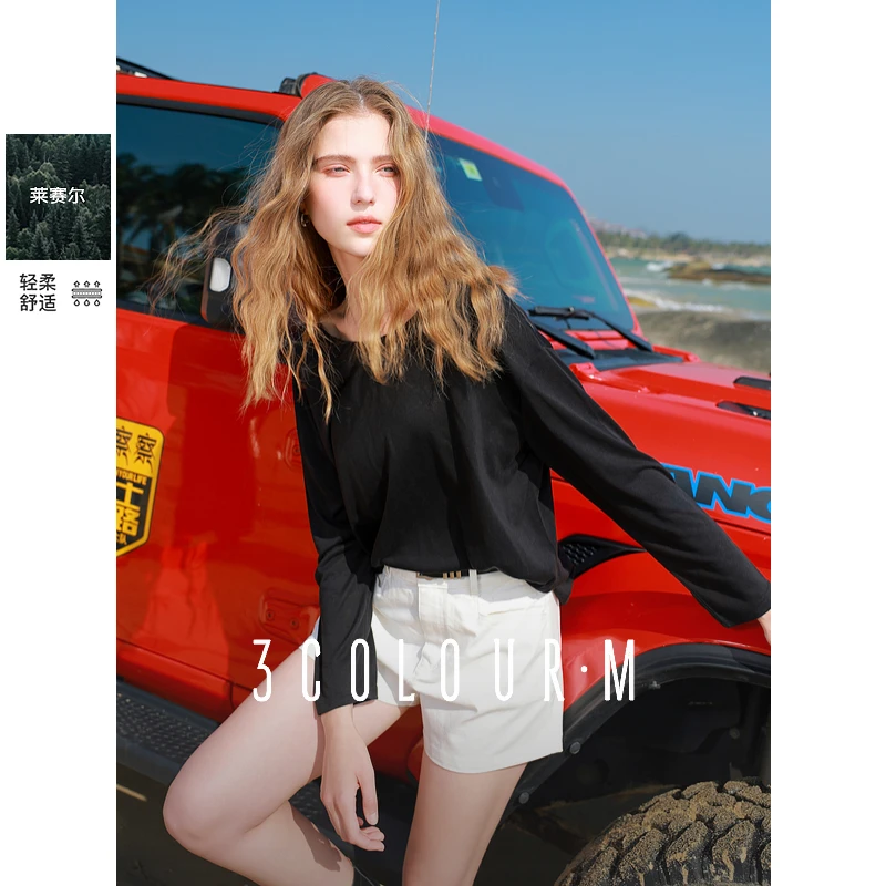 三彩2025春季新款莱赛尔T恤圆领交叉镂空上衣罩衫宽松Mdbx