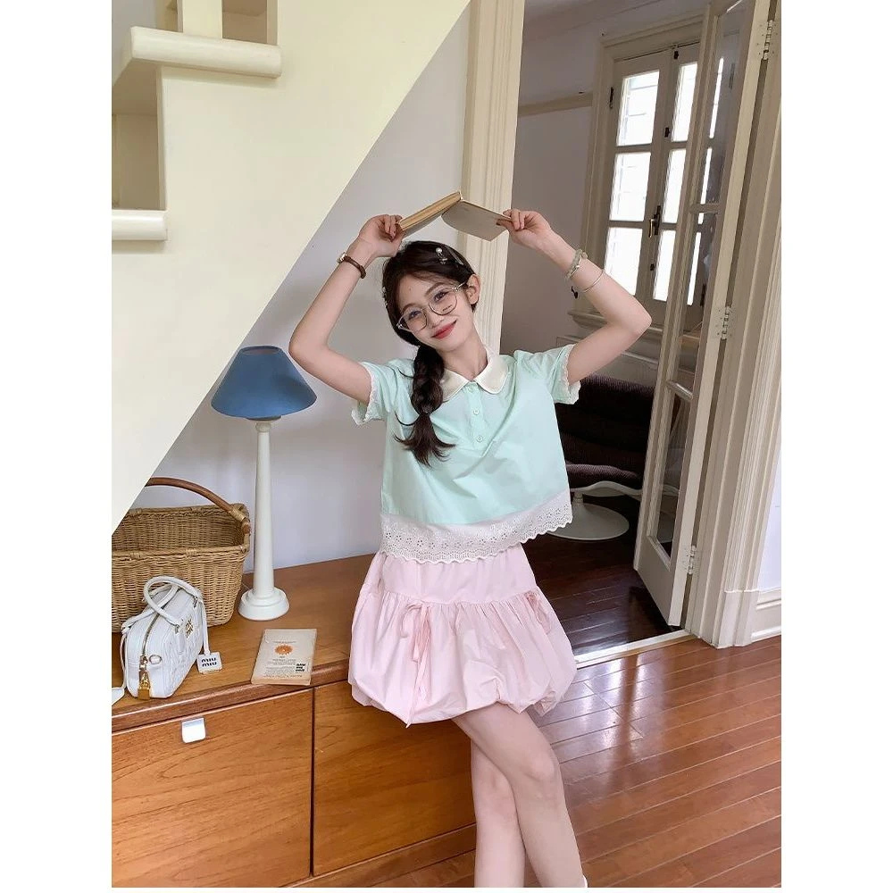 薄荷曼波娃娃领拼色蕾丝衬衫小众设计感可爱绿色上衣粉色短裤套装