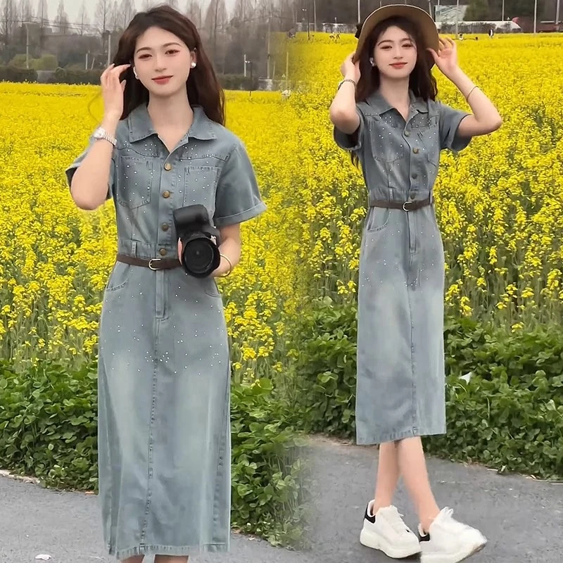 薄款牛仔连衣裙女2025夏季新款洋气质收腰显瘦重工钉珠A字中长裙