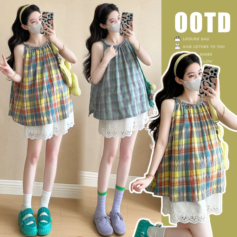 2025年夏季新款韩版彩色格子甜美上衣+蕾丝短裤孕妇套装时尚薄款