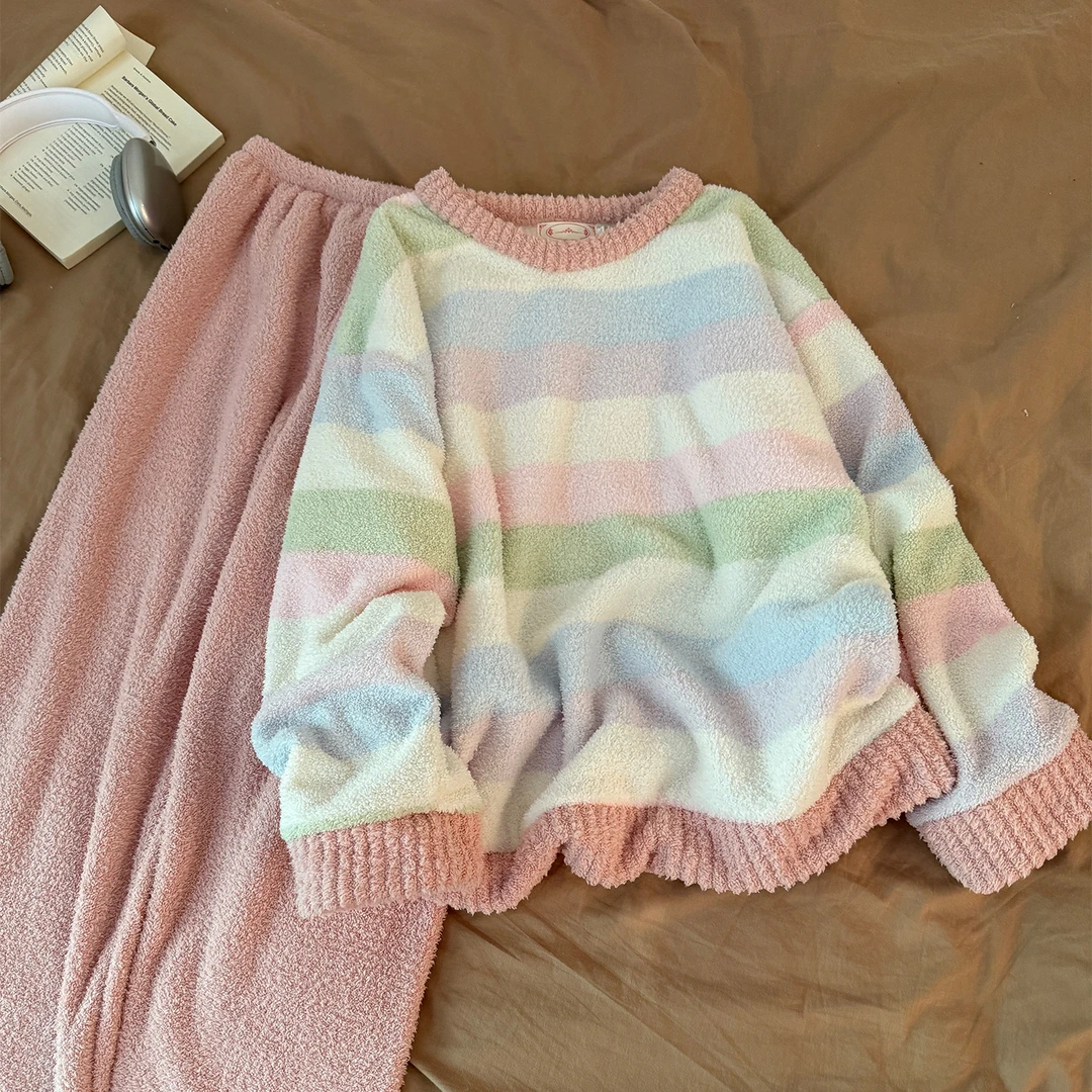 珊瑚绒睡衣女秋冬季大码加厚彩条纹仿半边绒套装可外穿冬天家居服