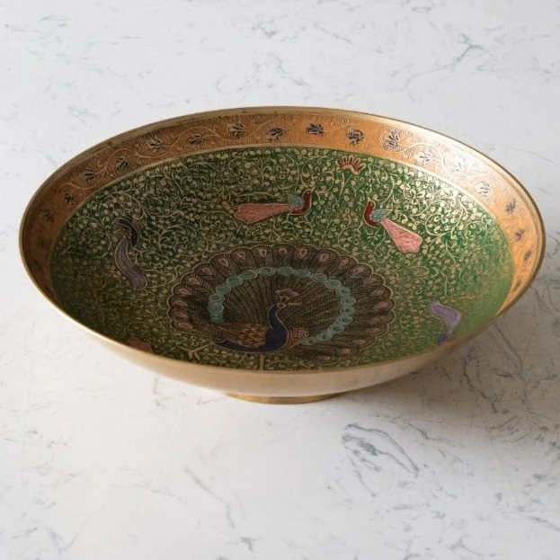 【奇居】印度进口手工刻花黄铜孔雀果盘收纳盘#4811583绿