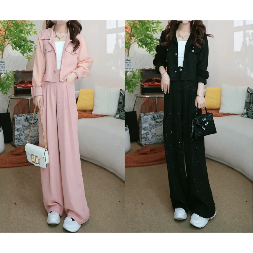 【丹文老师专属】优雅洒金修身套装翻领上衣女性搭配高腰显瘦宽