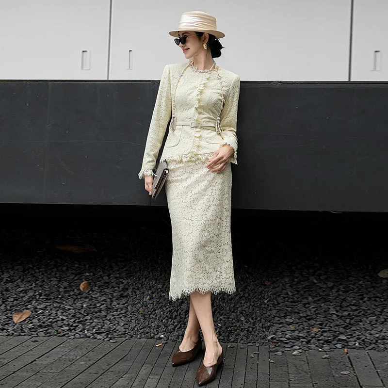 女总裁高端职业装小香风柔美蕾丝套装裙名媛高雅女装秋冬两件套