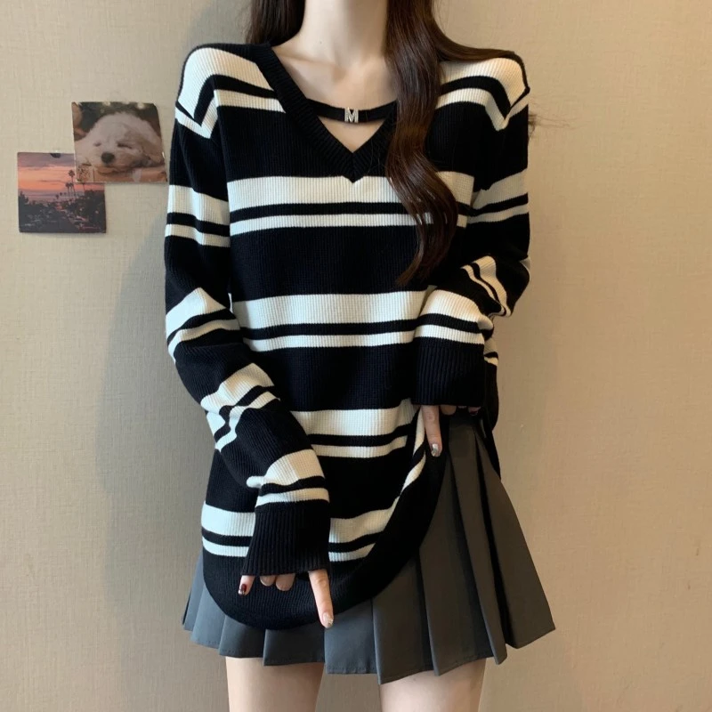 设计感条纹长袖针织打底衫女2025秋季大码胖mm遮肚中长款欧货上衣