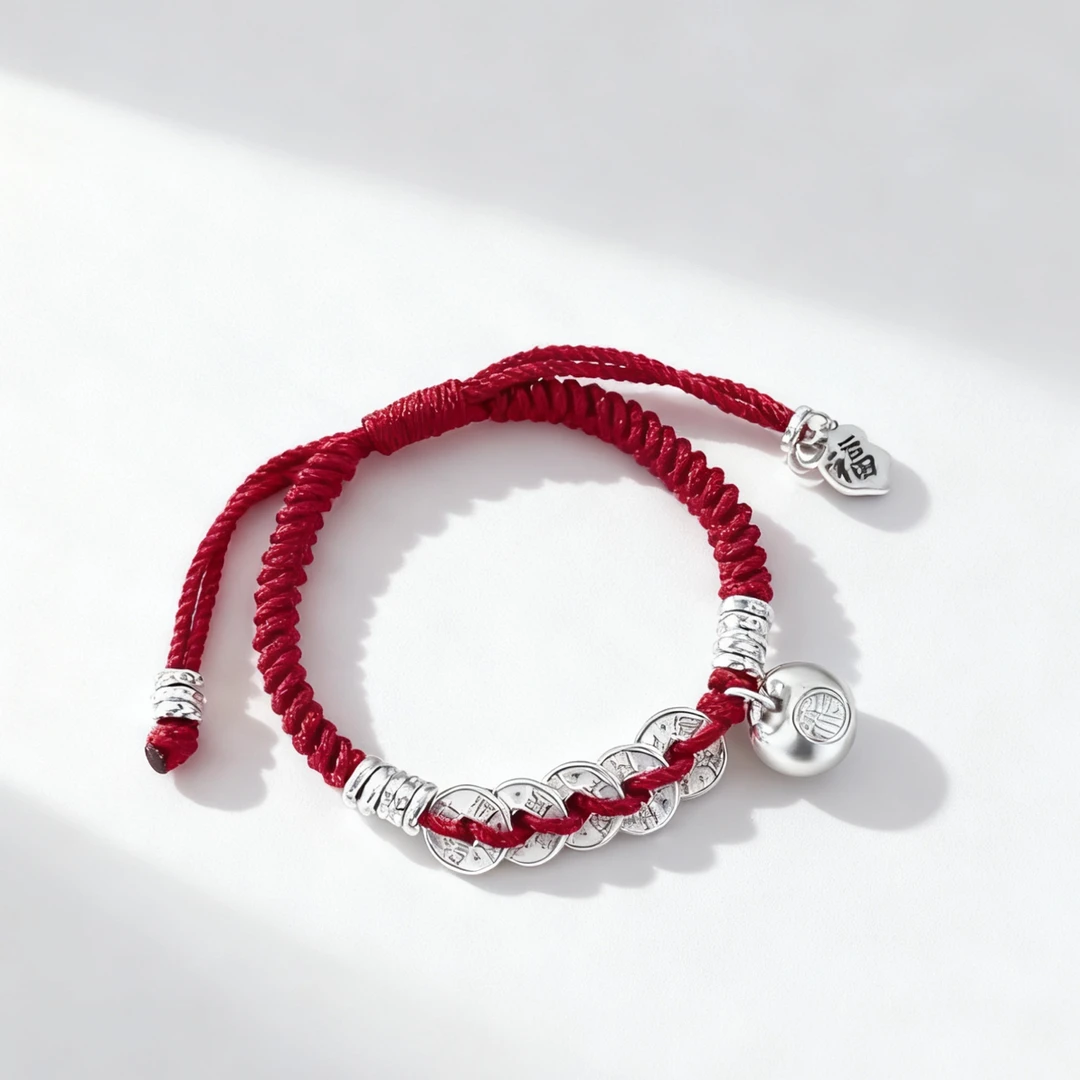 足银布艺手链 新款999足银五帝钱小福包单圈红绳手链盘缠
