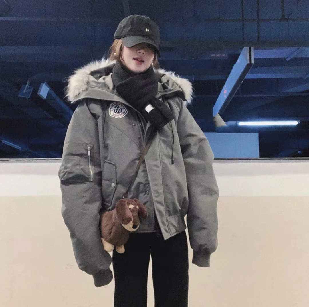 【QING】美式复古毛领连帽羽绒服