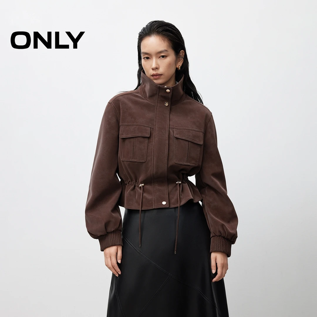 ONLY2025秋季新款工装风口袋短款显瘦直筒PU夹克外套女|1254PU007