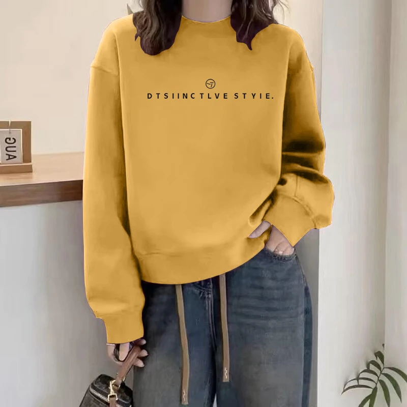 圆领套头打底衫加绒加厚卫衣女2025秋冬新款宽松韩版外套春秋薄款