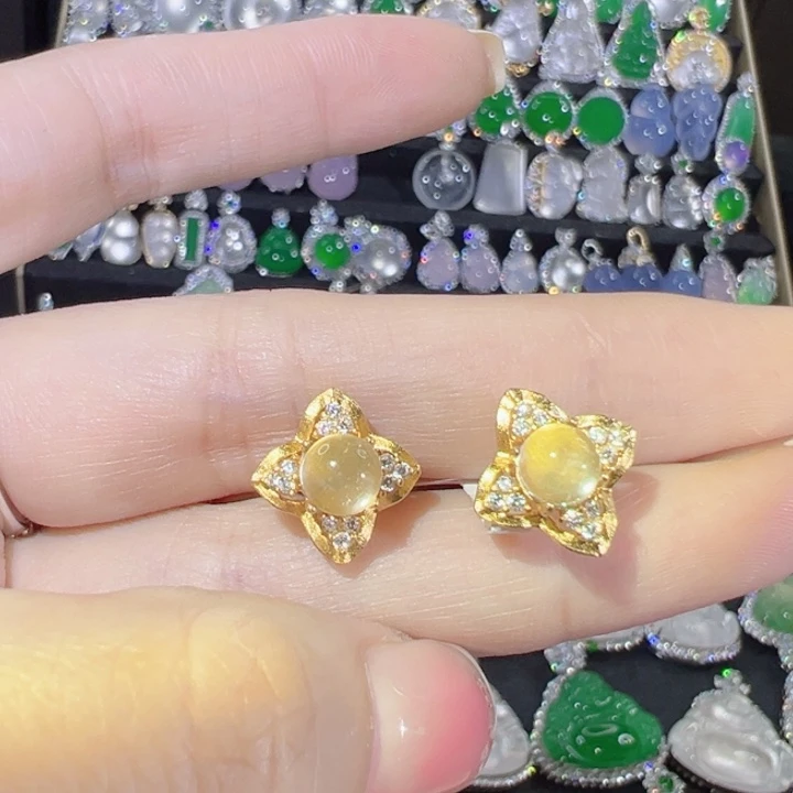 石英质玉银S925镶嵌耳饰