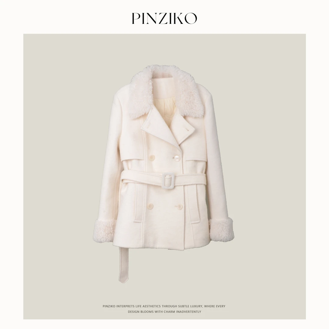 pinziko冰雪限定~“90白鸭绒”短款风衣形羊毛呢料大衣外套TJF580
