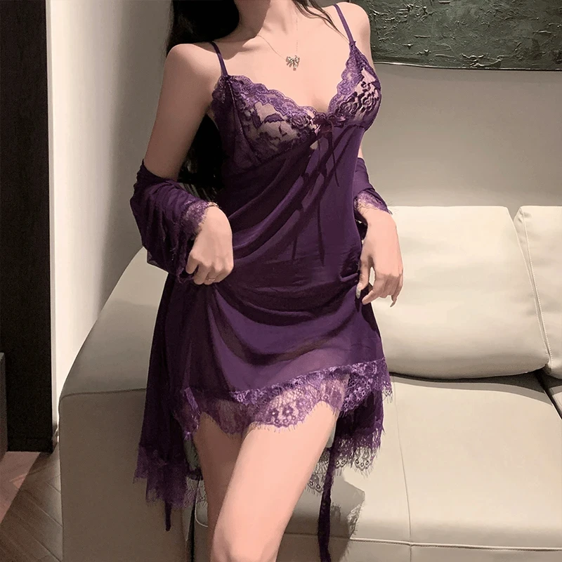 高定紫色性感睡衣火辣睡裙套装情侣诱惑男友纯欲风睡衣夏季新款