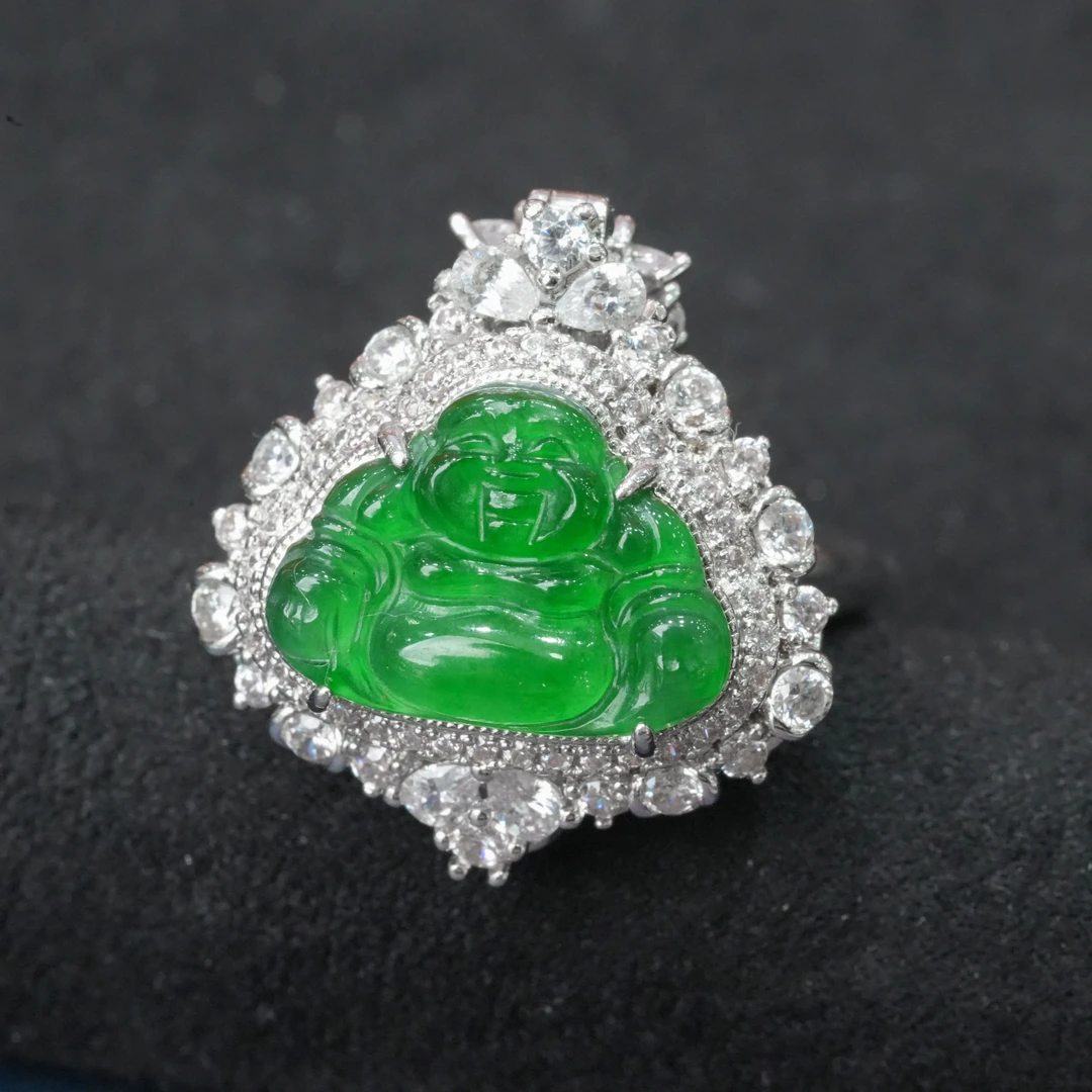 天然A货翡翠佛公戒指吊坠两用款多样性发时尚气质精致百搭豪镶