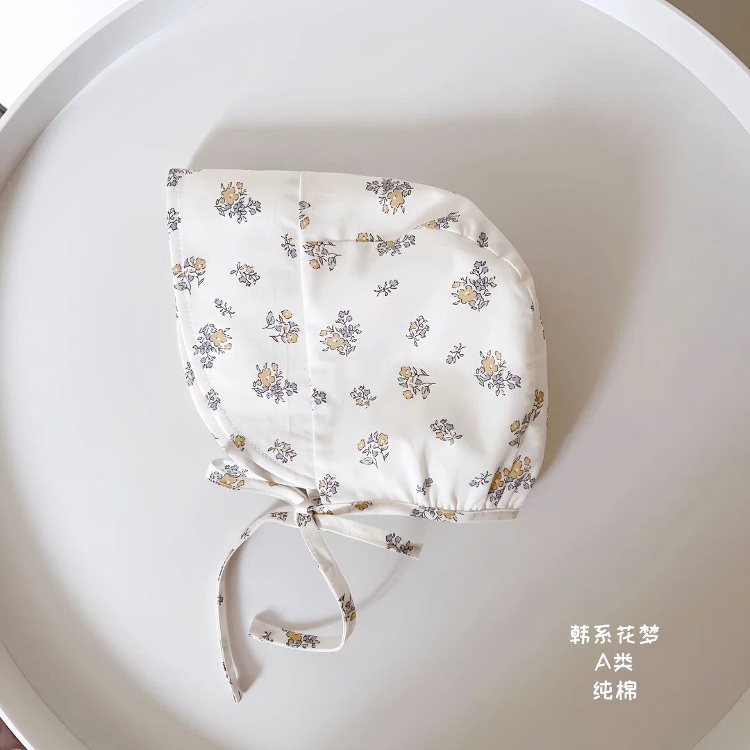 原创夏季韩系纯棉婴儿薄款亲肤透气韩版蓝黄碎花婴幼儿遮阳防晒帽