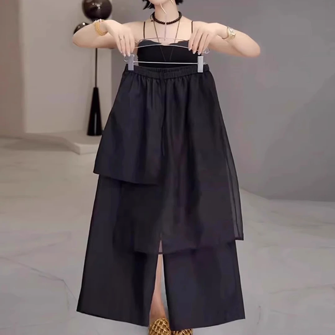 大码百搭黑色网纱拼接屁帘休闲裤女夏季薄款高腰显瘦直筒山本裤裙