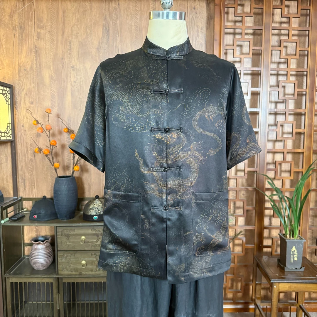 2025新款香云纱男士重锻龙纹短袖上衣 新中式唐装外套夏季