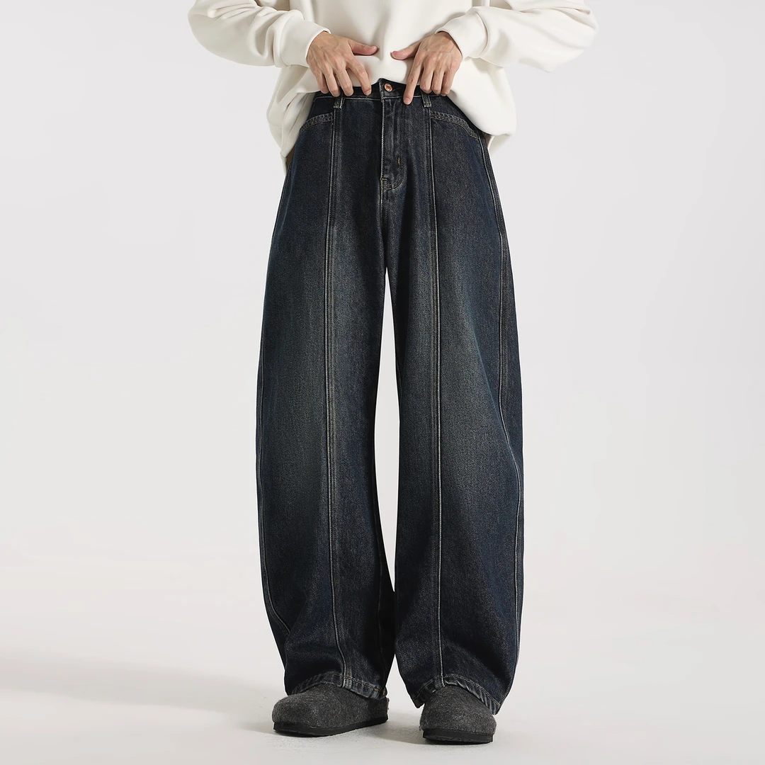GCCDUPE77『旧港蓝调』棉质无弹炒盐砂洗微弯刀廓形加绒直筒牛仔裤