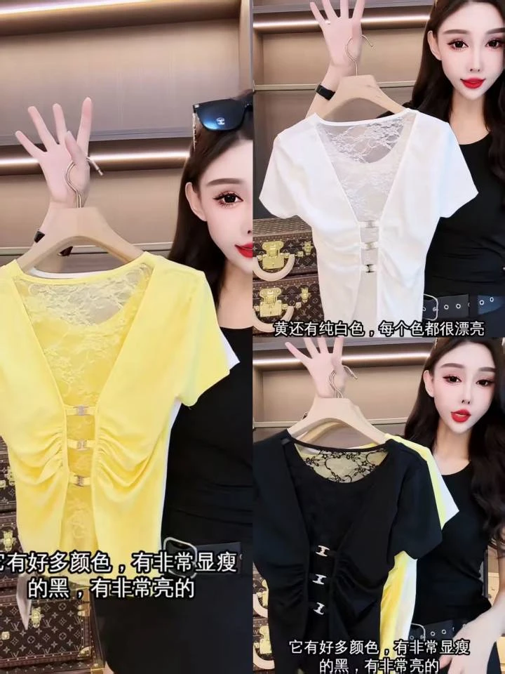 2025春夏季新款气质蕾丝拼接露背T恤上衣高级感显瘦V领短款上衣女