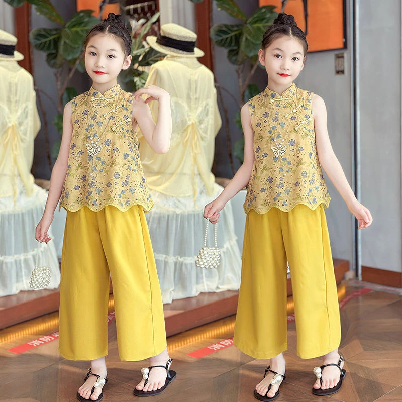 女童汉服套装夏季2025新款儿童国风夏装女孩绣花背心阔腿裤两件套