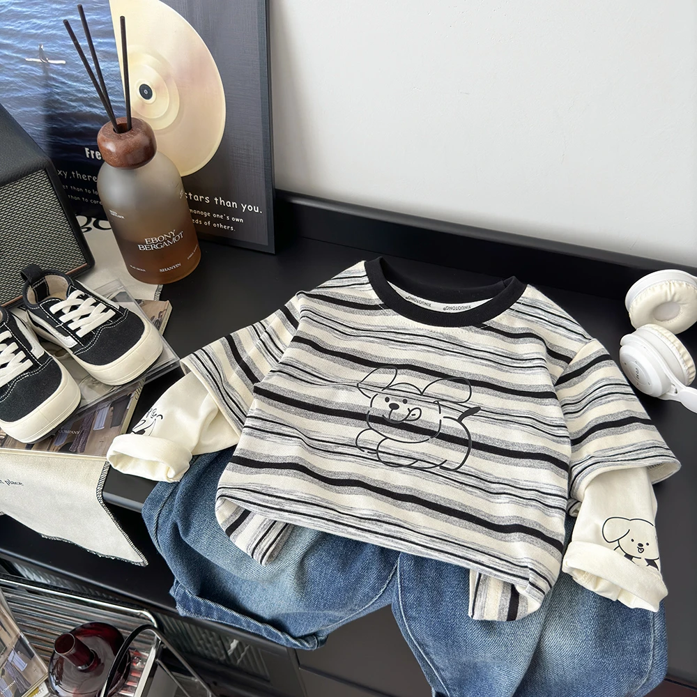 2025新款潮流黑白条纹小狗印花韩版洋气百搭长袖