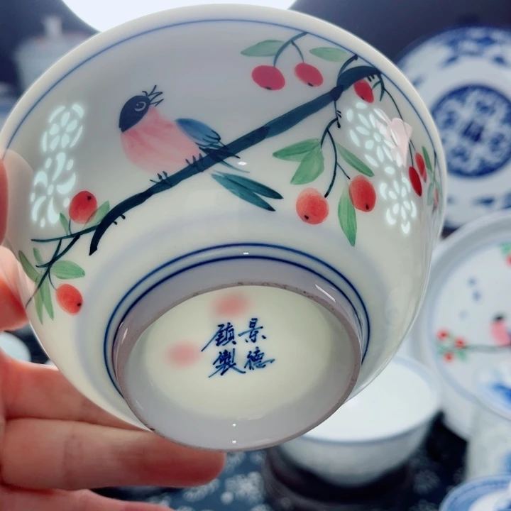 青花玲珑5寸饭碗手绘花鸟