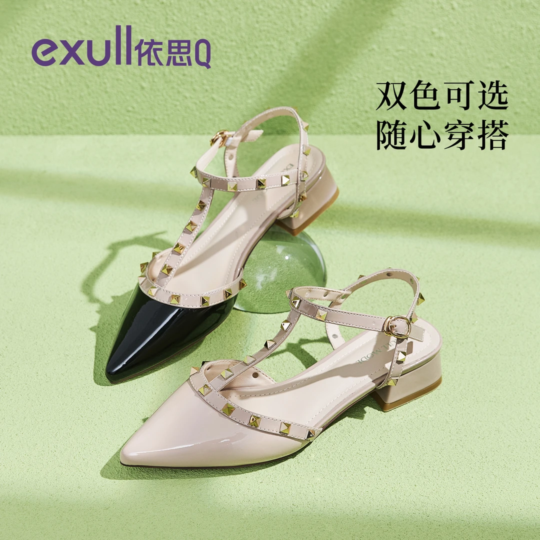 依思q铆钉尖头凉鞋女款2025新款爆款气质女鞋包头法式平底单鞋女