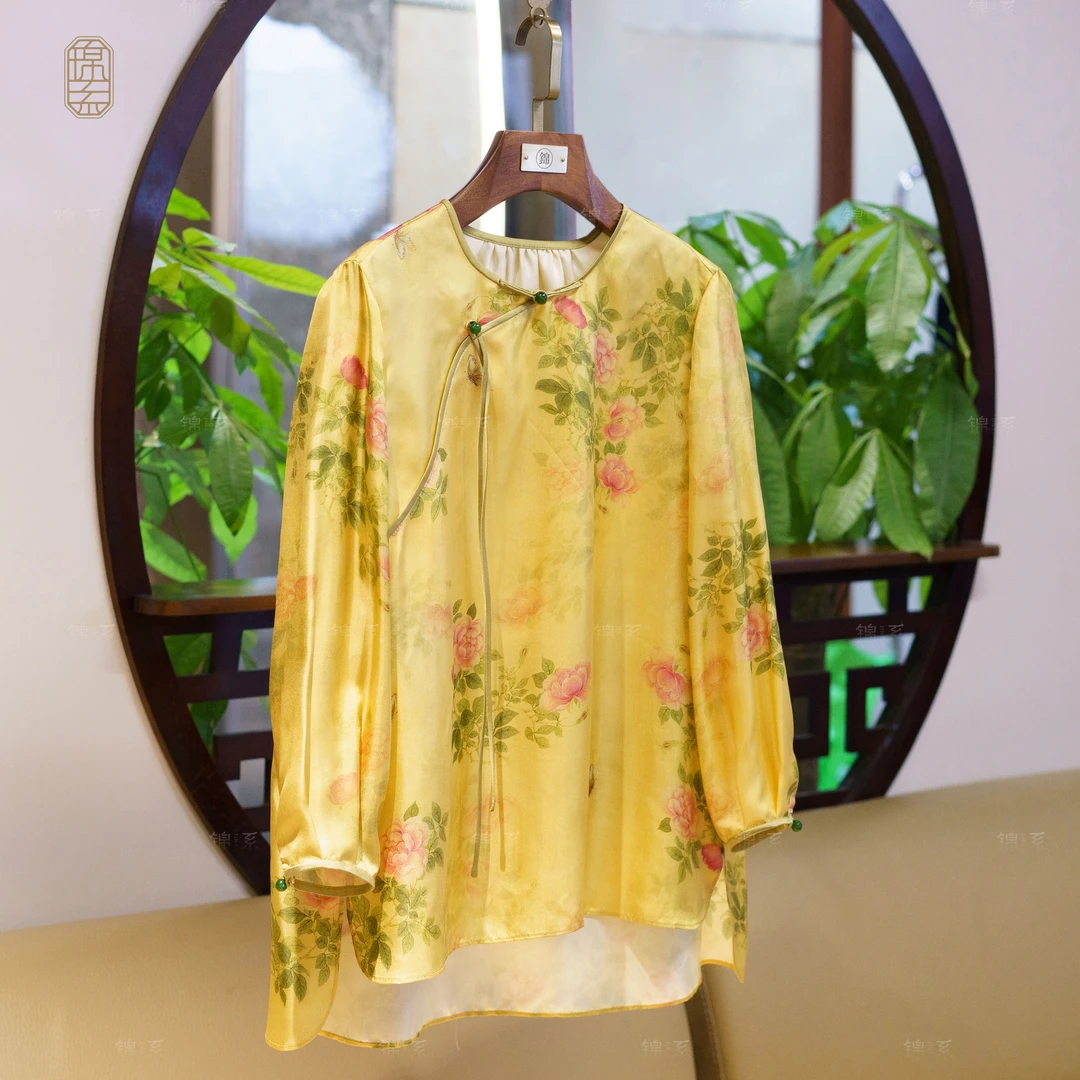 【锦系】真丝斜纹绸新中式国风桑蚕丝圆领斜襟长袖上衣C-382467