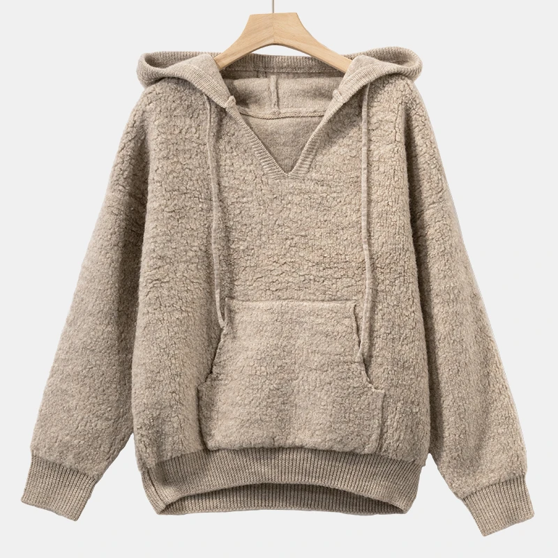 秋冬100%绵羊毛纯色连帽针织慵懒休闲帽衫TS84123