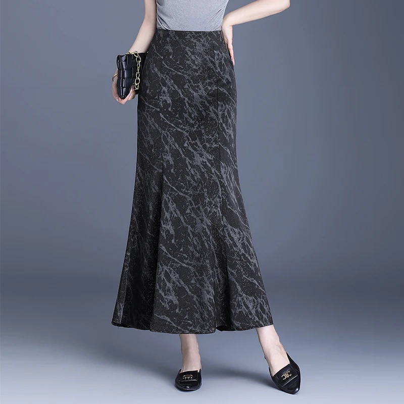 印花鱼尾半身裙春秋款中长裙高腰显瘦包臀裙2025新款垂感一步裙女