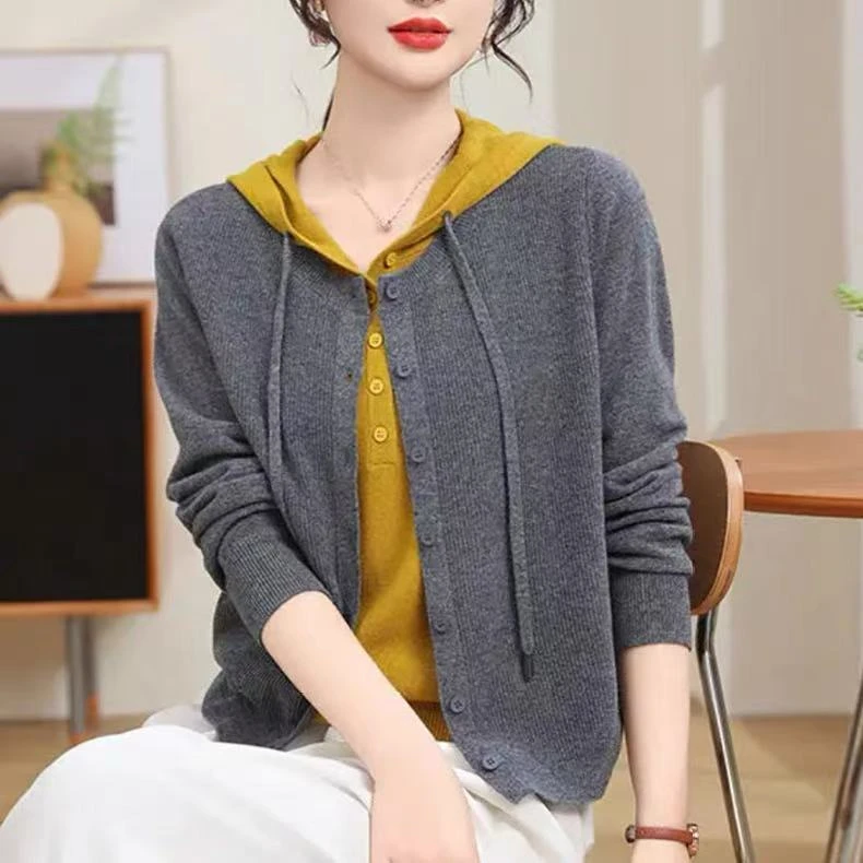 假两件开衫撞色连帽抽绳针织衫女秋冬长袖套头毛衣设计感长袖上衣