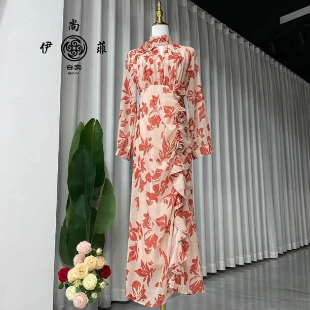 8819伊尚菲名媛气质粉色花朵女神连衣裙高个子长裙法式浪漫礼服裙