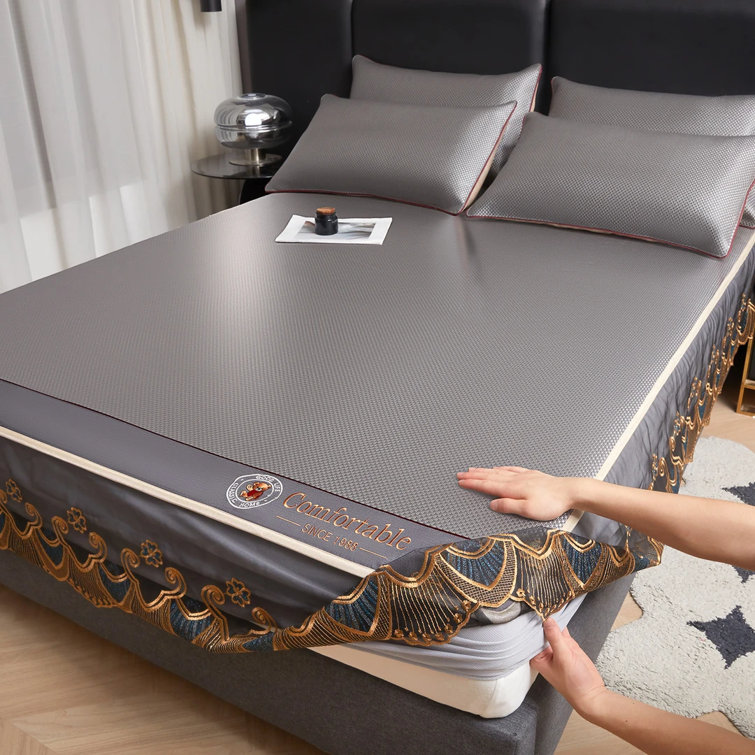 夏季冰丝凉席花边床笠款冰藤席三件套夏季蕾丝刺绣防滑可折叠凉席