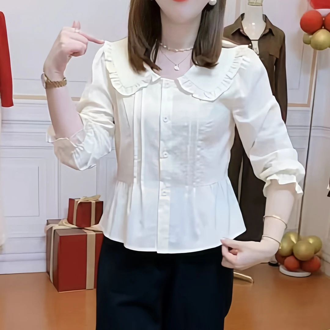 2025秋季新款娃娃领法式气质时尚遮肚显瘦百搭气质衬衫女上衣潮流