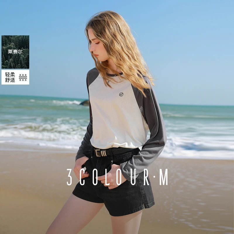 【女装优选XH】三彩2025春插肩袖T恤圆领刺绣上衣休闲D401EM403Z00
