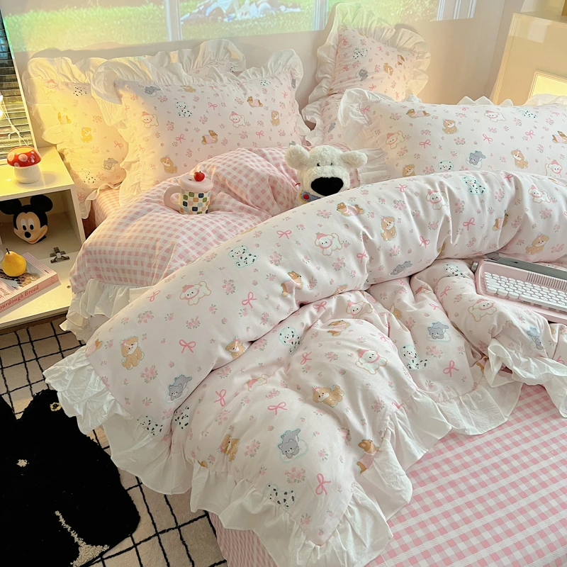 少女心全棉韩式花边款床上四件套纯棉2025新款卡通被套床罩三件套