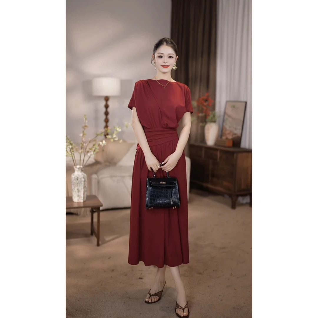 【百亿珍妮】朱砂痣 春夏法式短袖纯色时尚修身显瘦连衣裙-HZ731