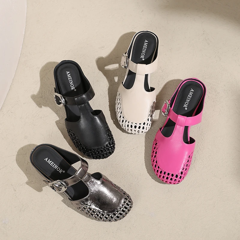 AMEINOR2025夏季新款个性搭扣包头设计潮流魅力编织女士勃肯拖鞋