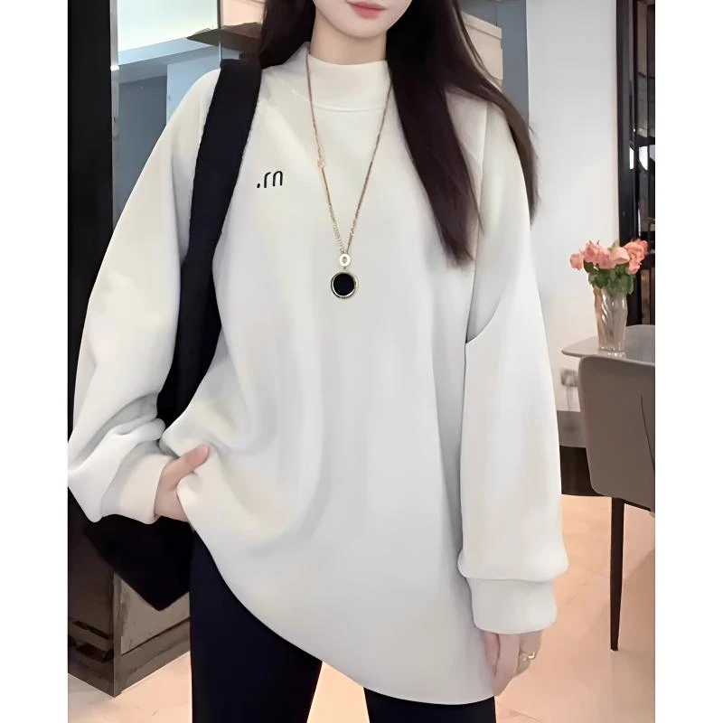 大码女装秋冬双面加绒加厚半高领长袖卫衣胖mm宽松中长款休闲上衣
