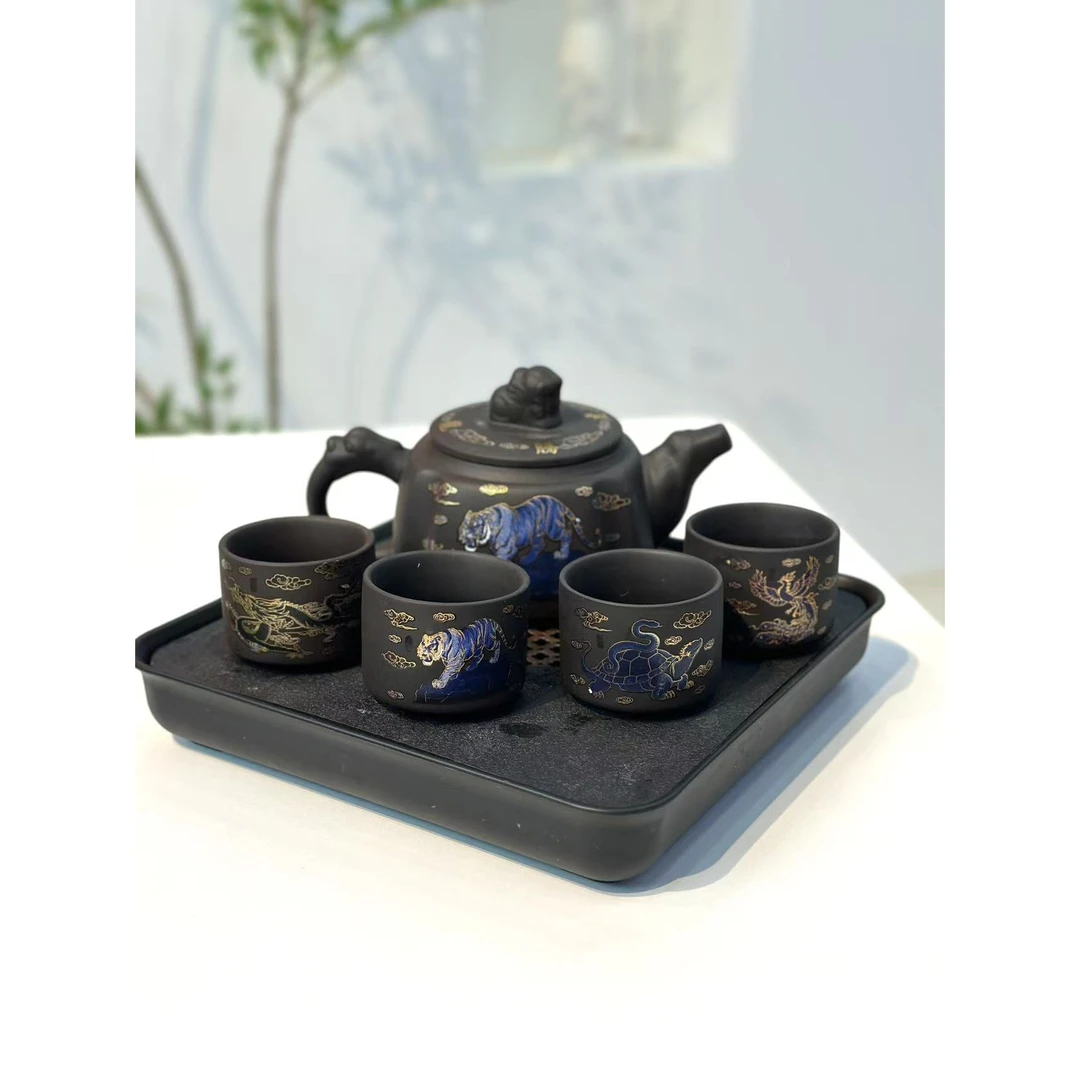 紫砂变色青龙白虎-一壶四杯+茶盘@ZHZ866