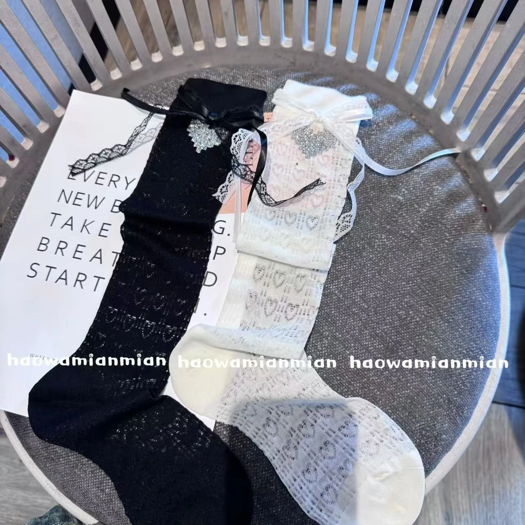 欧货春夏冰丝薄棉网红款镂空爱心烫钻蝴蝶结纯欲风显瘦小腿袜