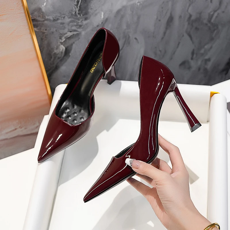 夏季法式浅口细跟高跟鞋春季细跟尖头女鞋高跟鞋酒红色