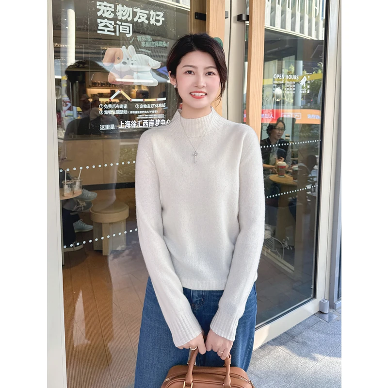 紫璐莱贴心守护~羊毛羊绒软糯宽松半高领无缝一体毛衣打底衫女49X